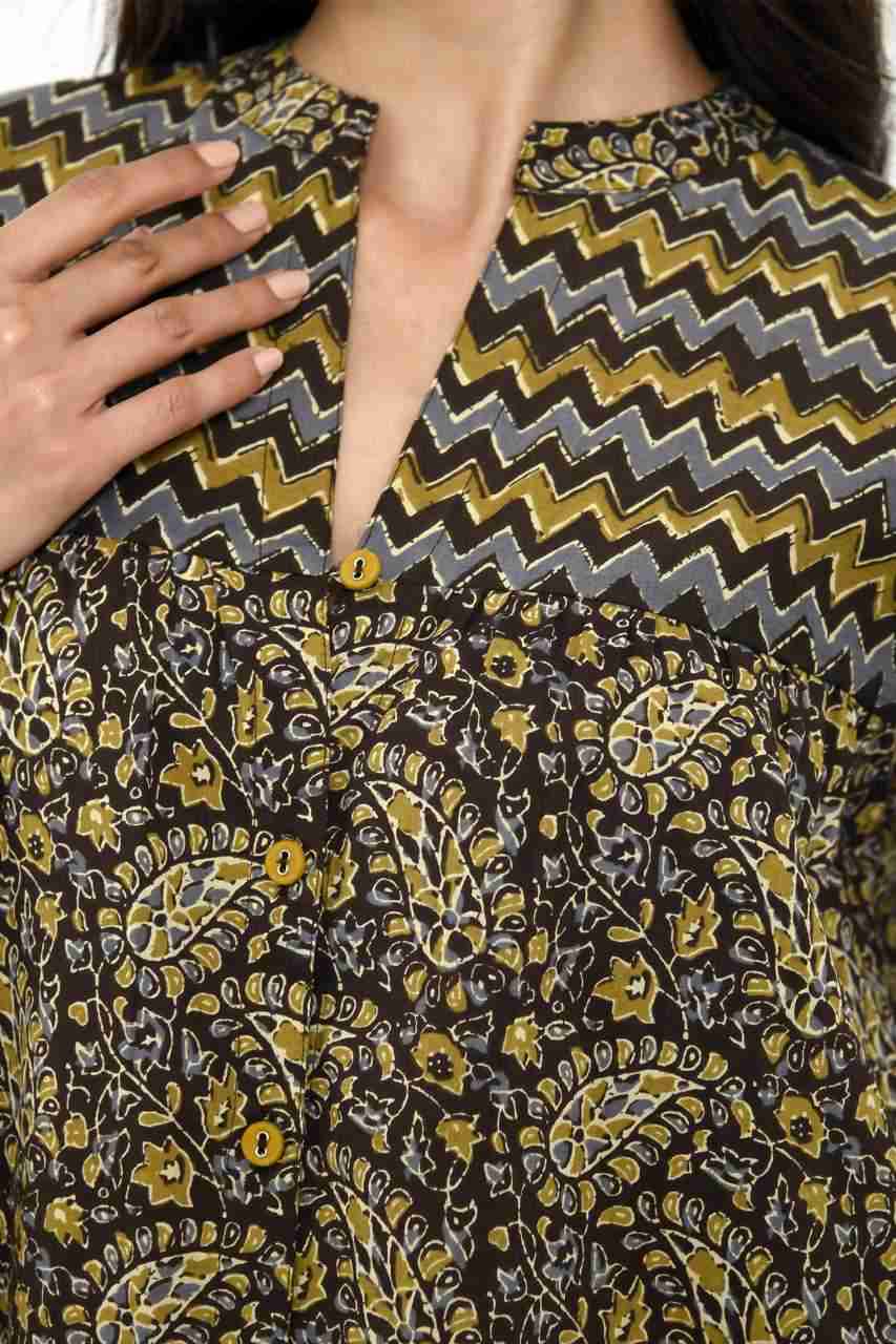 Naksh Brown and Yellow Ajrakh Print A-Line Kurta