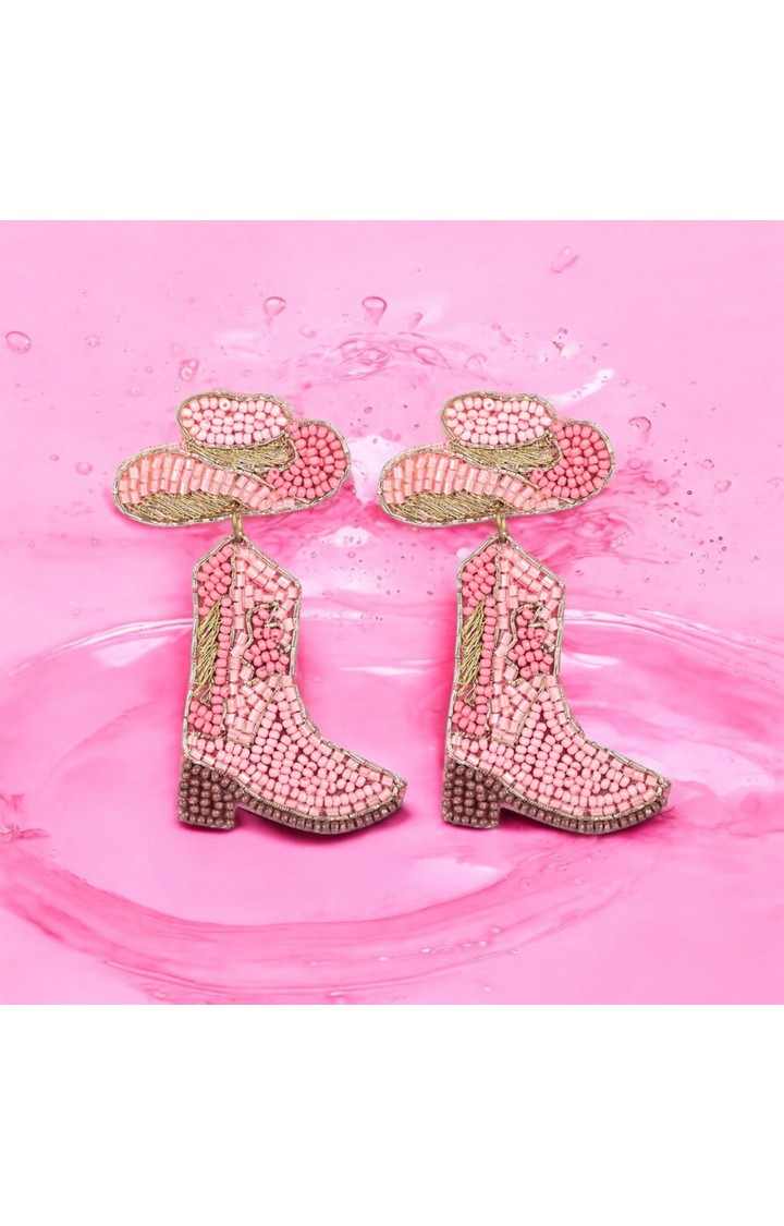 Pink Beaded Cowboy Boot and Hat Statement Earrings