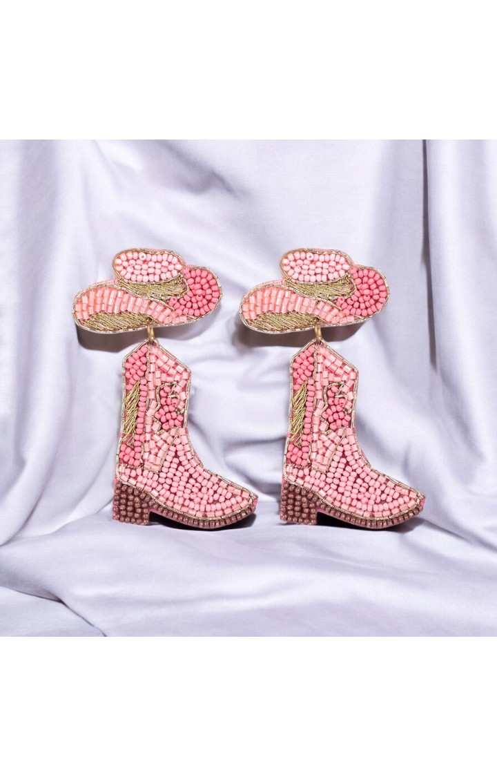 Pink Beaded Cowboy Boot and Hat Statement Earrings