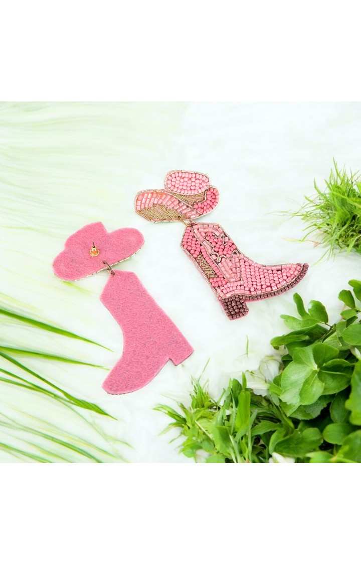 Pink Beaded Cowboy Boot and Hat Statement Earrings