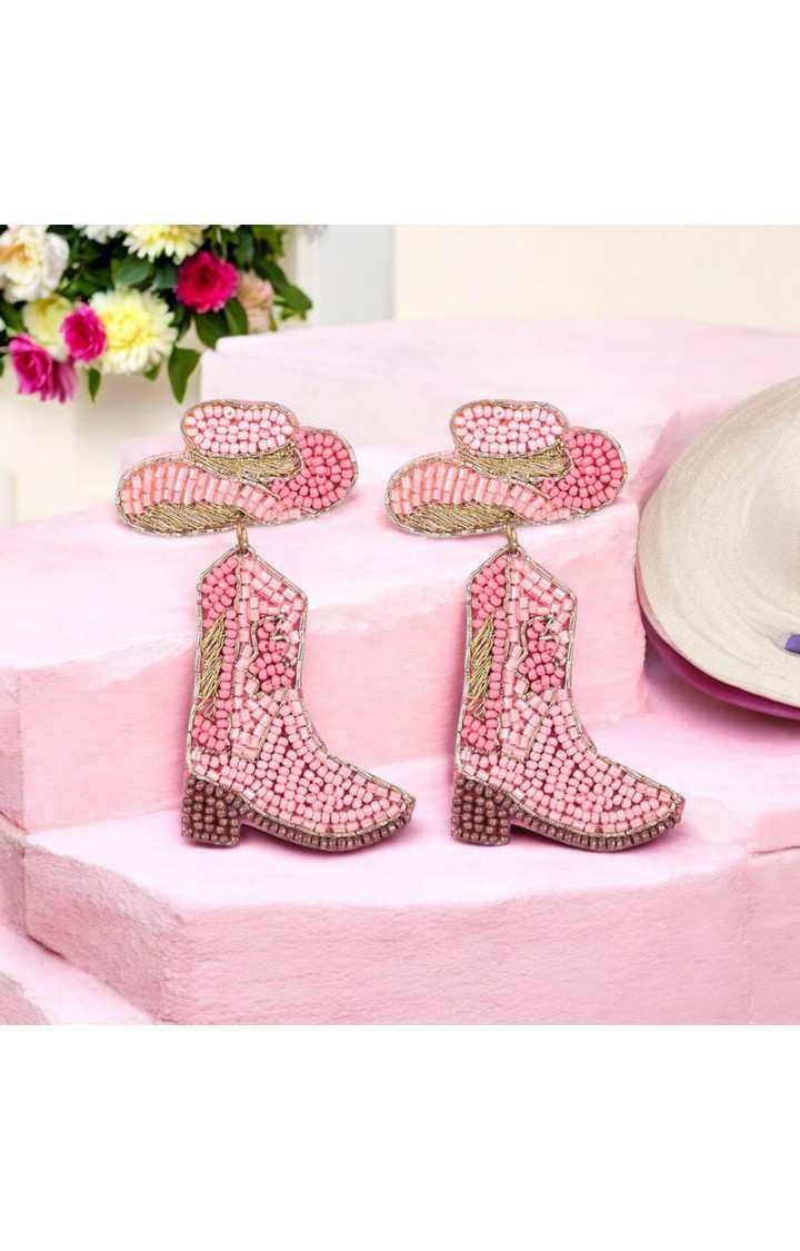 Pink Beaded Cowboy Boot and Hat Statement Earrings