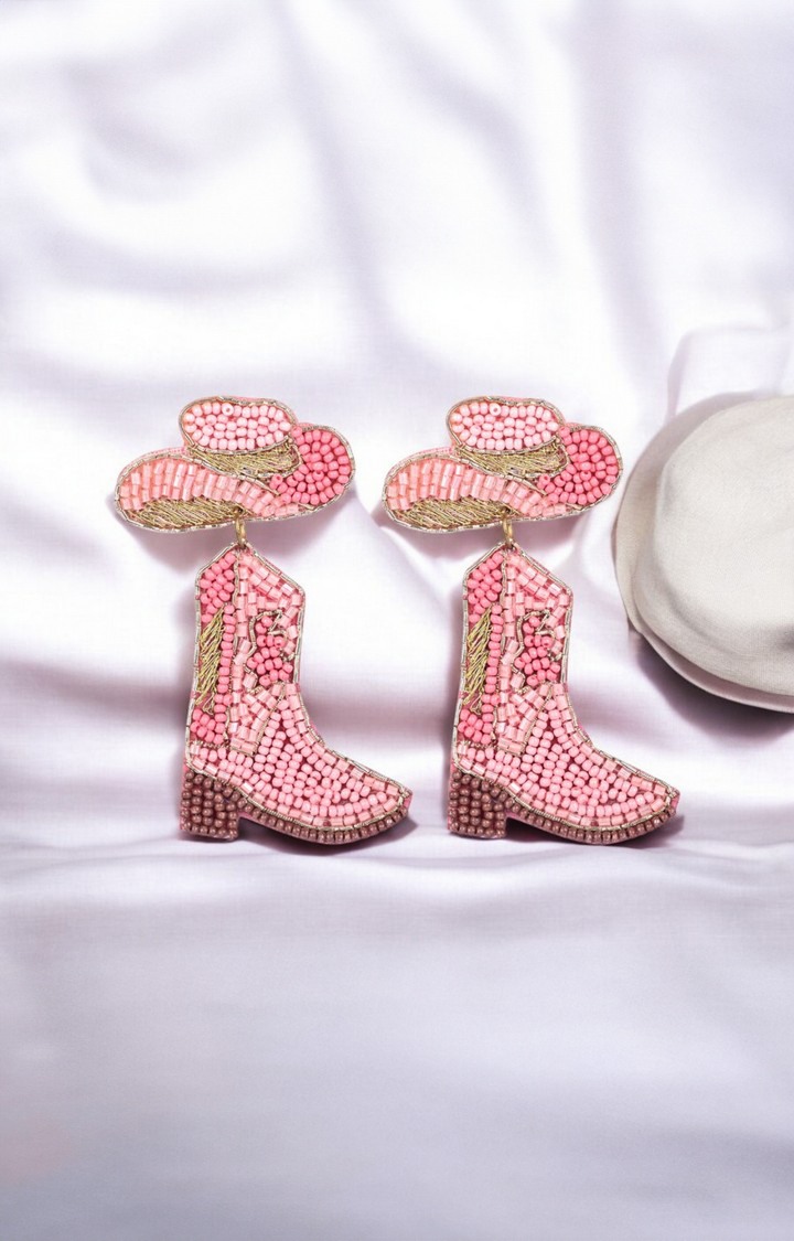 Pink Beaded Cowboy Boot and Hat Statement Earrings
