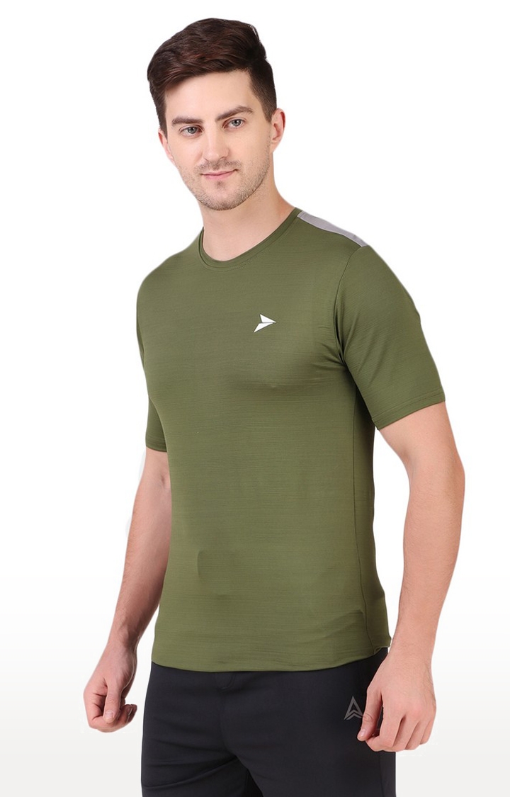 Fitinc | Men's Olive Green Lycra Solid Activewear T-Shirt 1