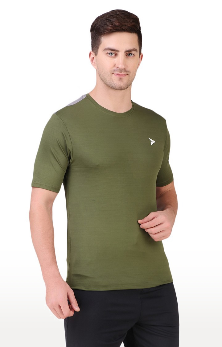 Fitinc | Men's Olive Green Lycra Solid Activewear T-Shirt 2