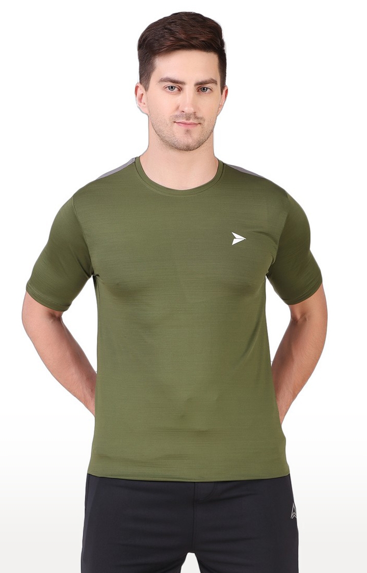 Fitinc | Men's Olive Green Lycra Solid Activewear T-Shirt 0