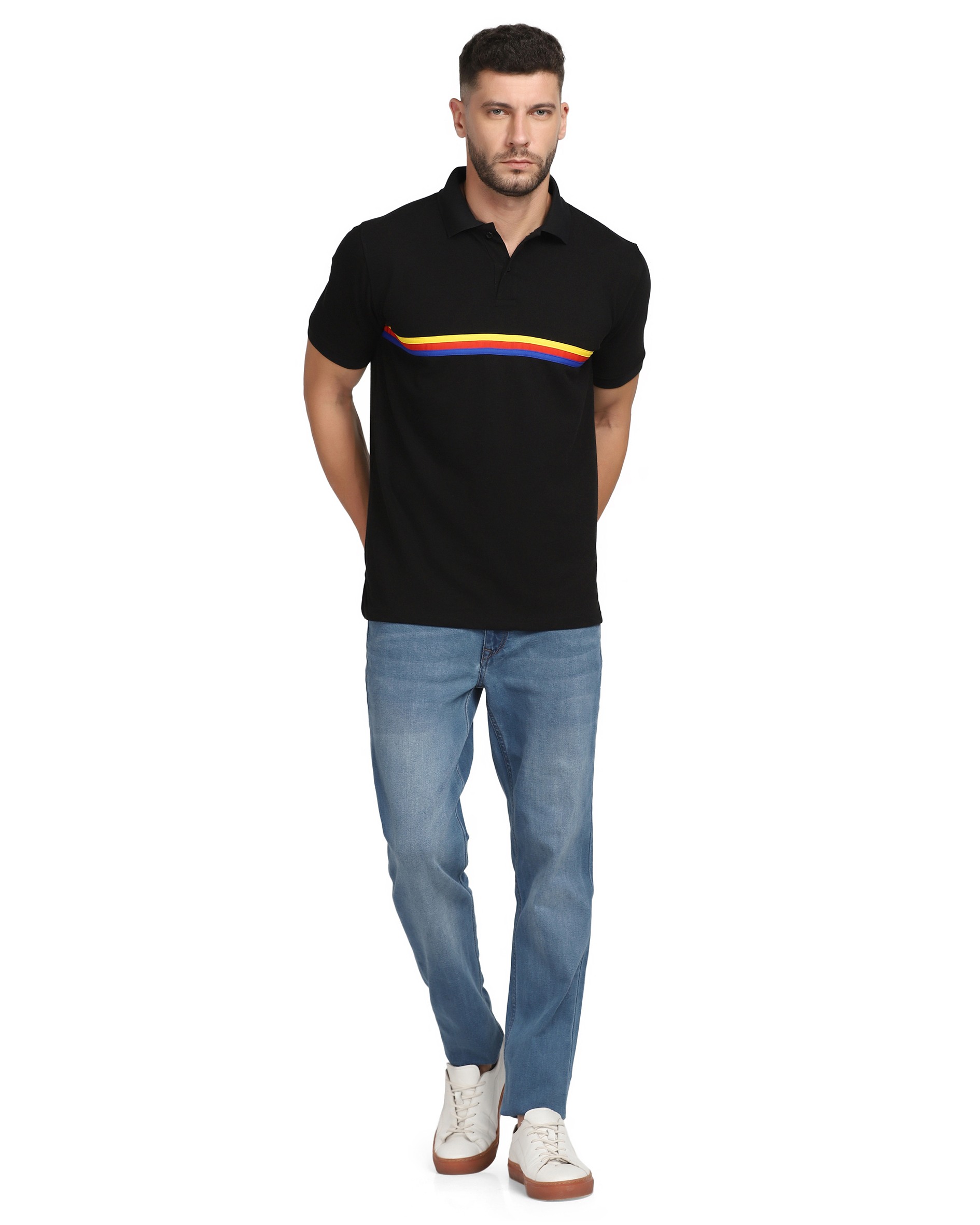 Black Polo With Multi Color Stripes