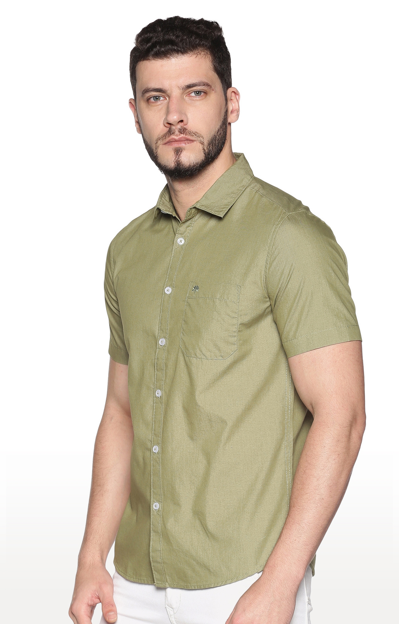 Chennis | Olive Green Solid Casual Shirts 2