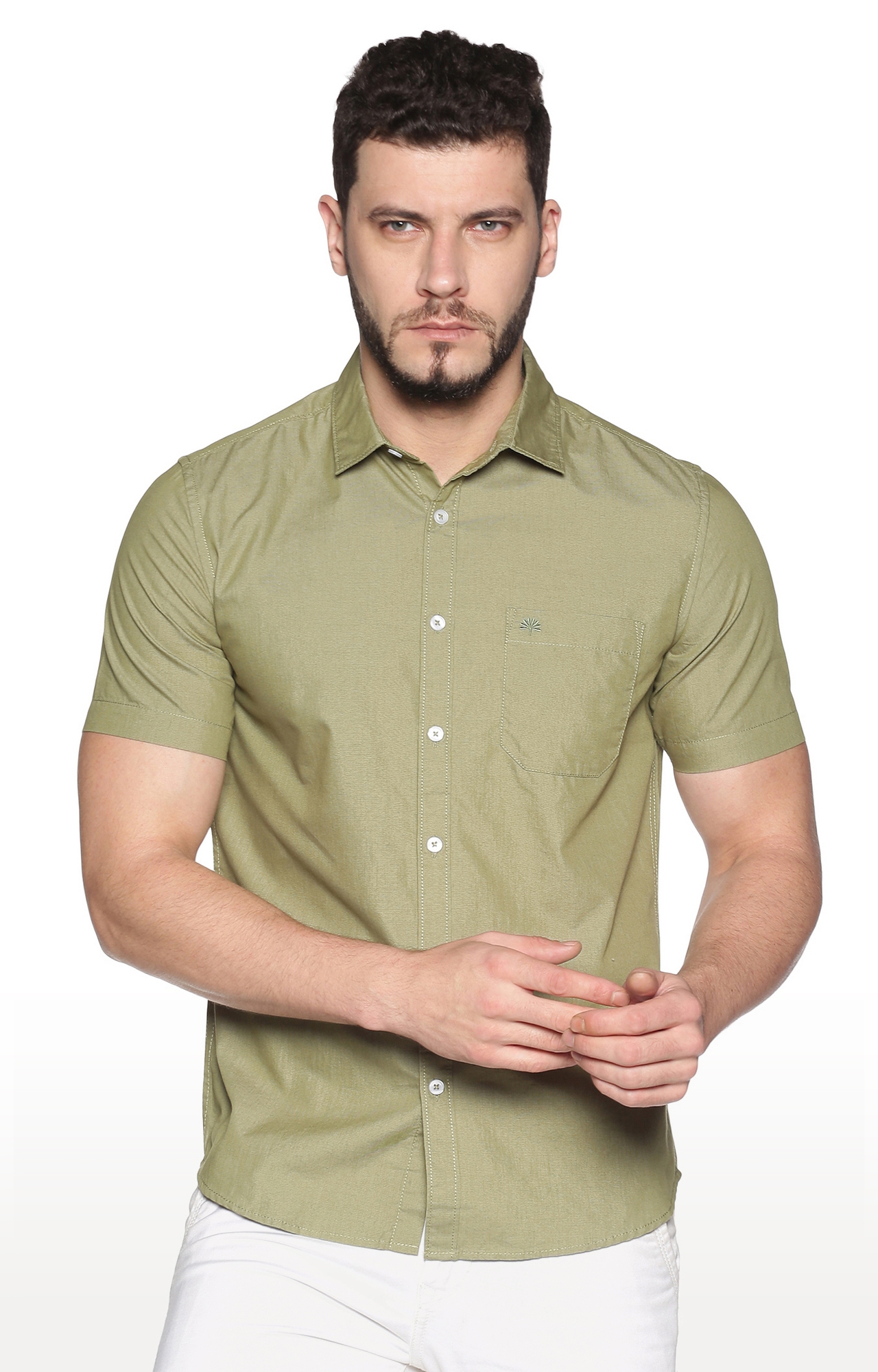 Chennis | Olive Green Solid Casual Shirts 0