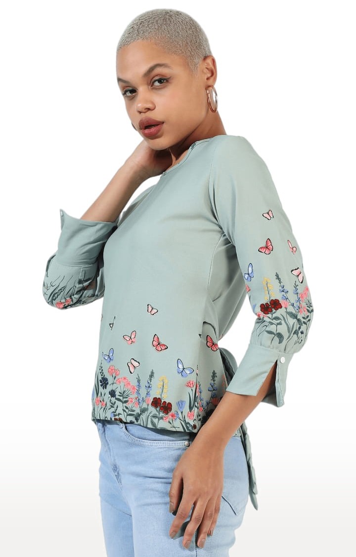 Women's Sage Green Polyester Printed Blouson Top