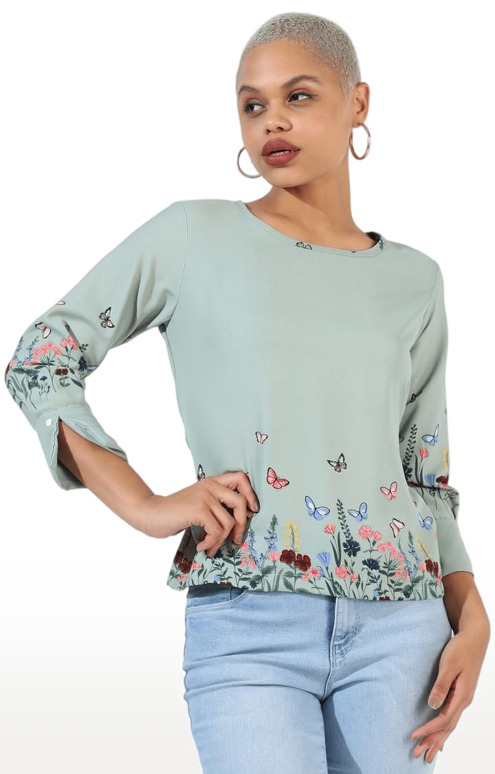 CAMPUS SUTRA | Women's Sage Green Polyester Printed Blouson Top