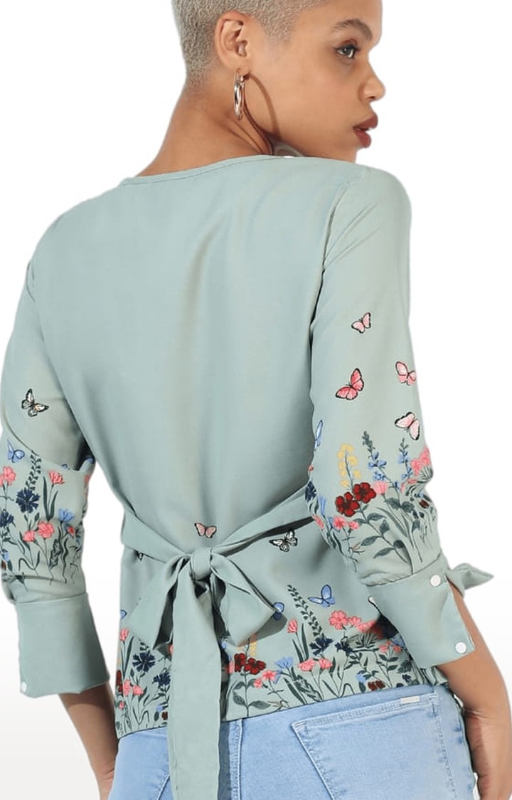Women's Green Printed Blouson Top