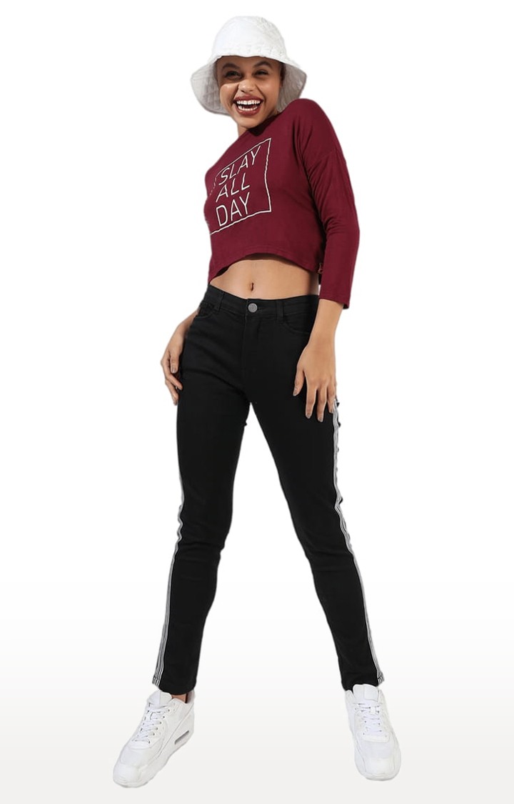 Women's Maroon Lycra Typographic Printed Crop Top