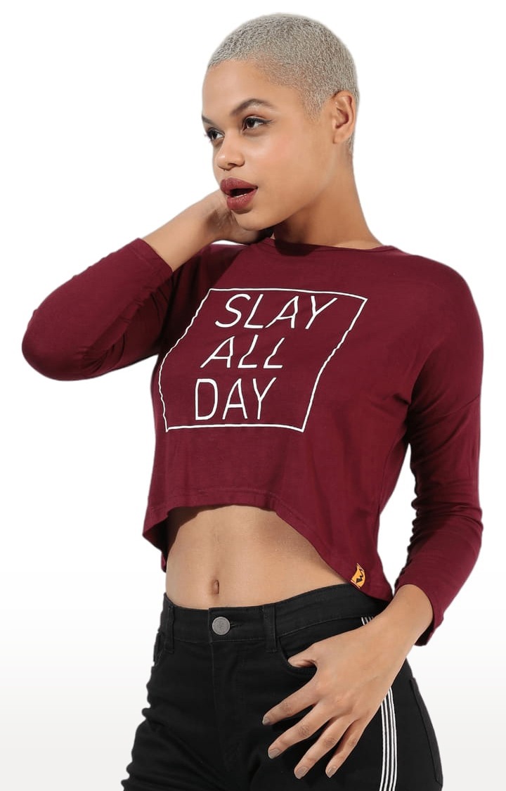 Women's Maroon Lycra Typographic Printed Crop Top