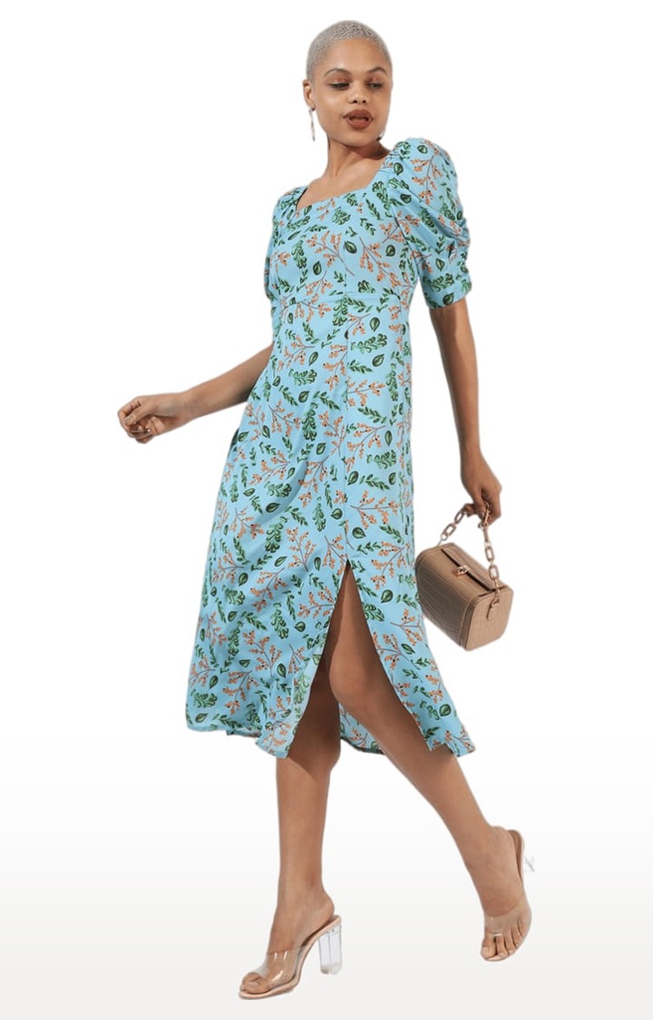 Women's Blue Polyester Floral Print Shift Dress