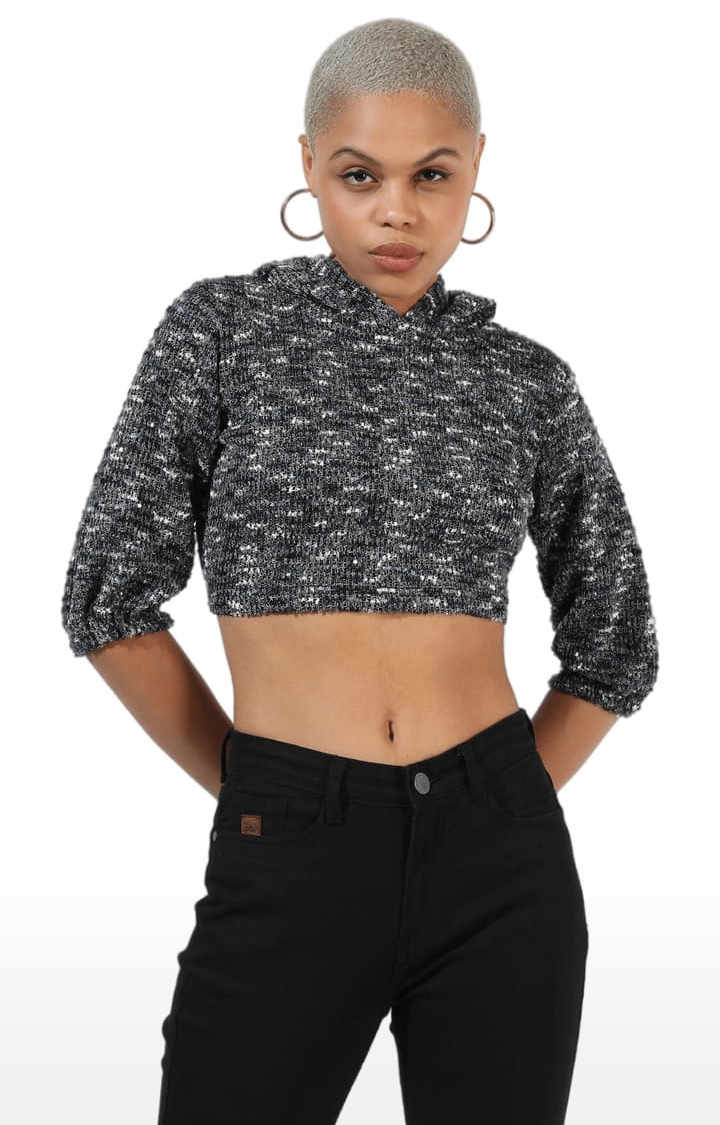 Women's Charcoal Grey Polyester Textured Crop Top