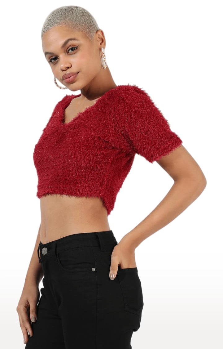 Women's Red Fur Textured Crop Top