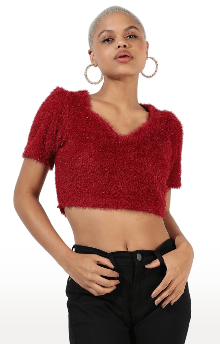 CAMPUS SUTRA | Women's Red Fur Textured Crop Top
