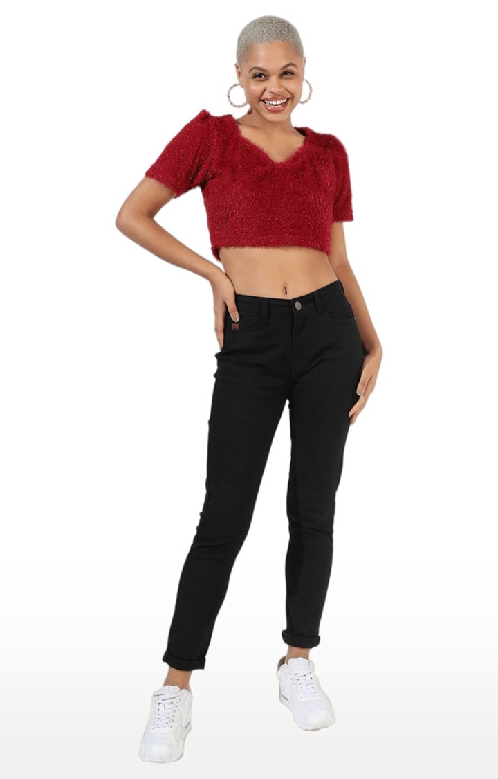 Women's Red Fur Textured Crop Top