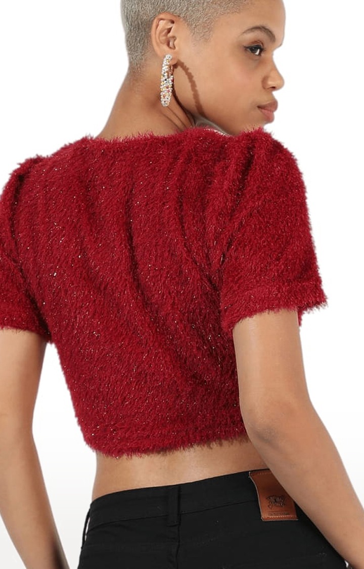 Women's Red Fur Textured Crop Top