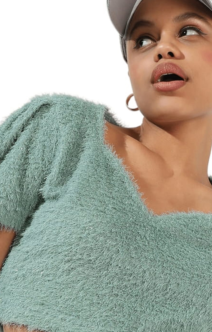 Women's Sage Green Fur Textured Crop Top