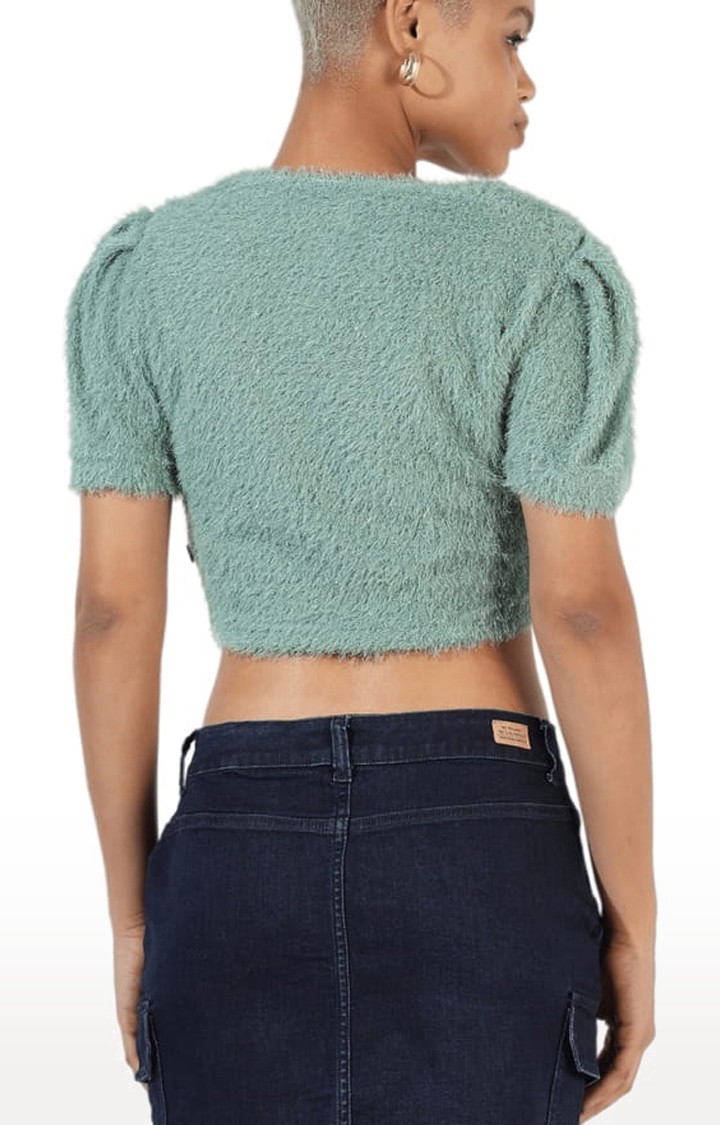 Women's Sage Green Fur Textured Crop Top