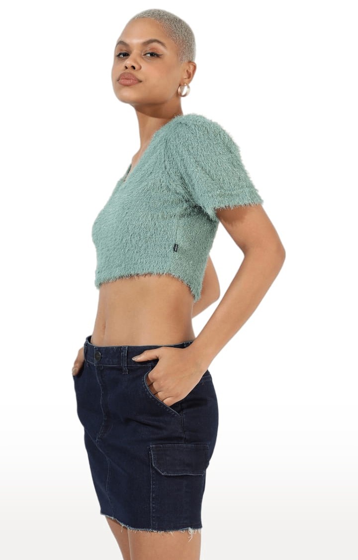 Women's Sage Green Fur Textured Crop Top