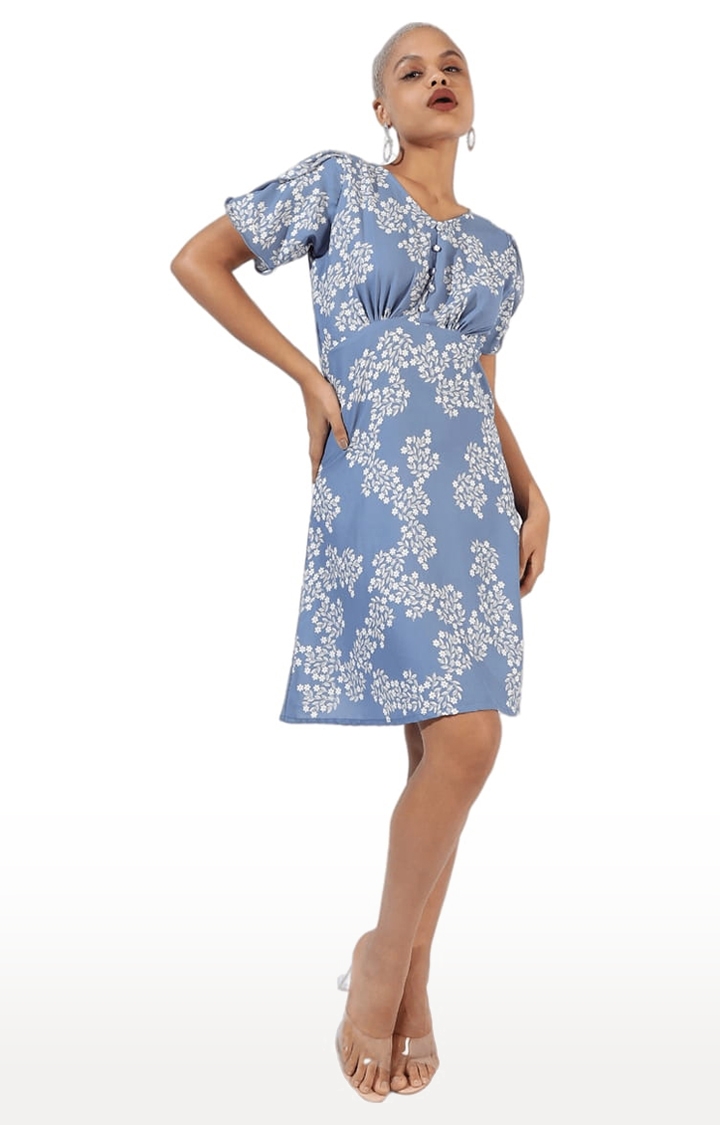 Women's Blue Polyester Floral Print Shift Dress