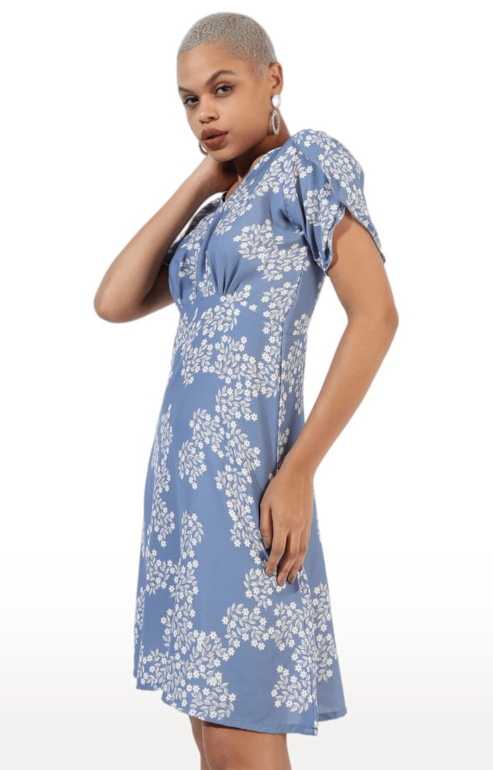 Women's Blue Polyester Floral Print Shift Dress