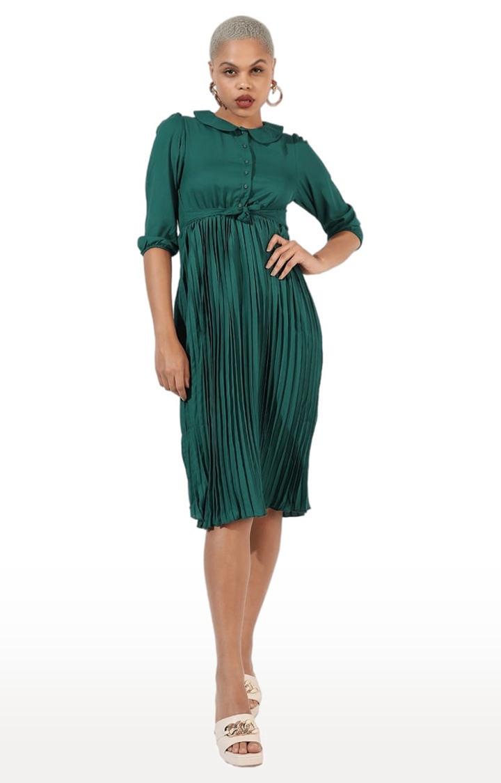 CAMPUS SUTRA | Women's Emerald Green Crepe Solid Fit & Flare Dress