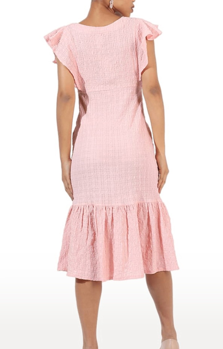 Women's Pink Crepe Solid Tiered Dress