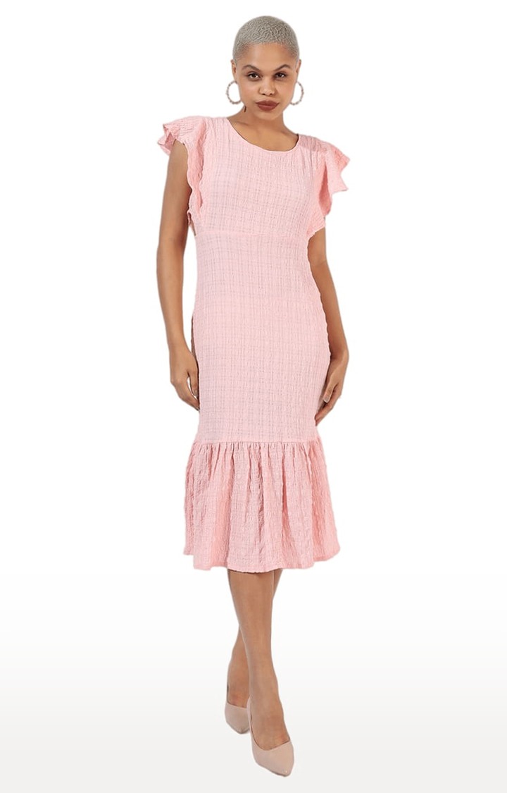 Women's Pink Crepe Solid Tiered Dress