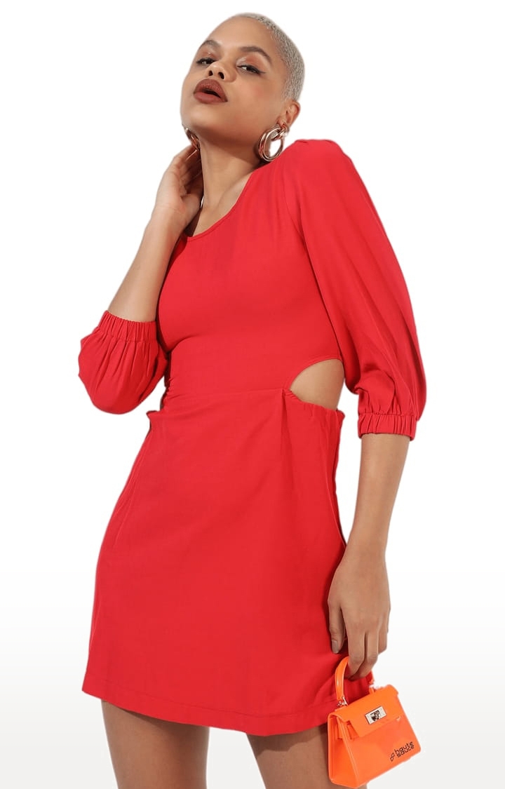 CAMPUS SUTRA | Women's Red Crepe Solid Skater Dress 3