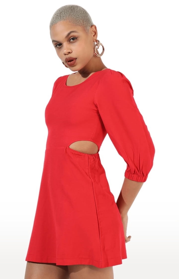 CAMPUS SUTRA | Women's Red Crepe Solid Skater Dress 2