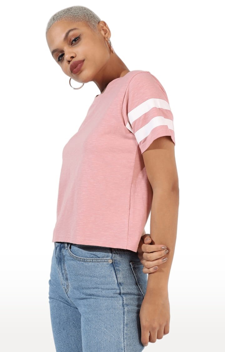 Women's Pink Cotton Solid Regular T-Shirt