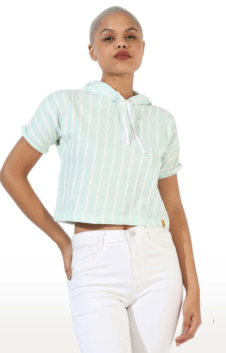 Women's Mint Green Cotton Striped Crop Top