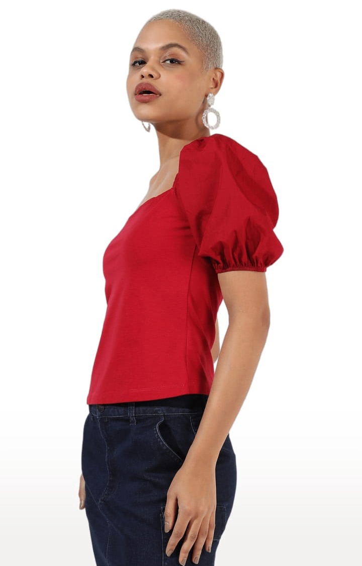 Women's Red Cotton Solid Blouson Top