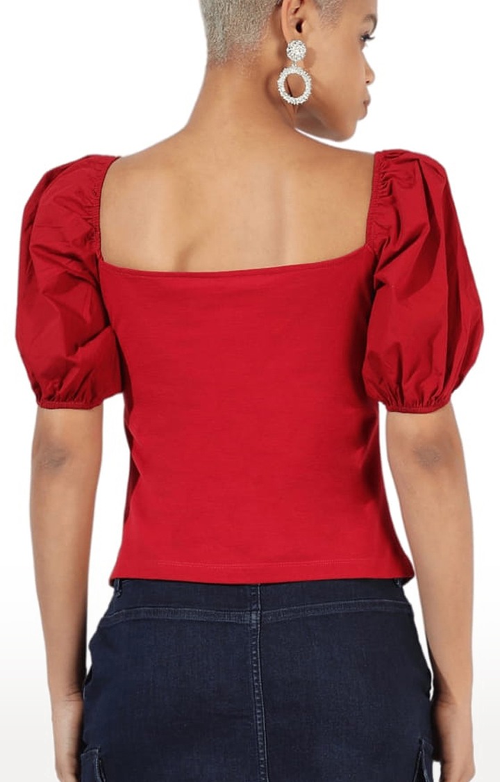 Women's Red Cotton Solid Blouson Top