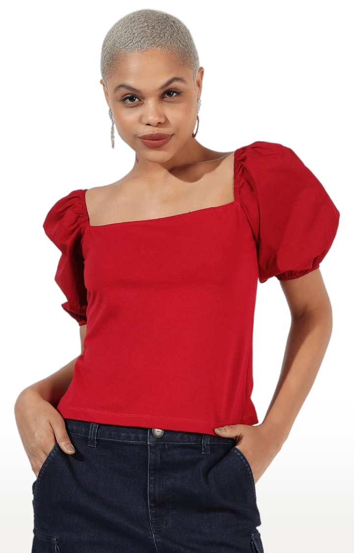 Women's Red Cotton Solid Blouson Top