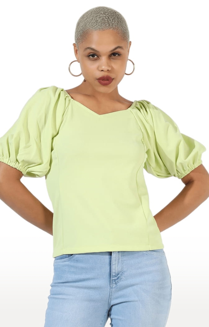 Women's Lime Green Cotton Solid Blouson Top