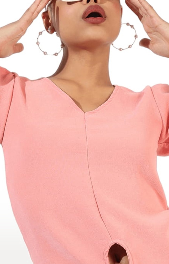 Women's Pink Cotton Solid Blouson Top