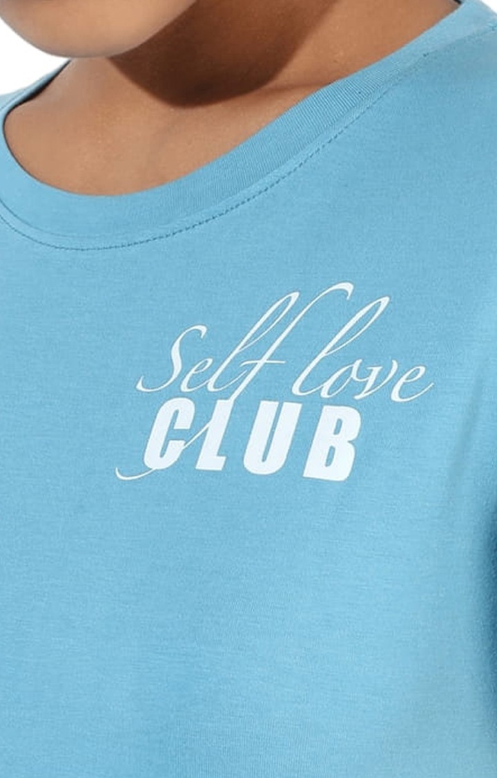 Women's Light Blue Cotton Typographic Printed Regular T-Shirt