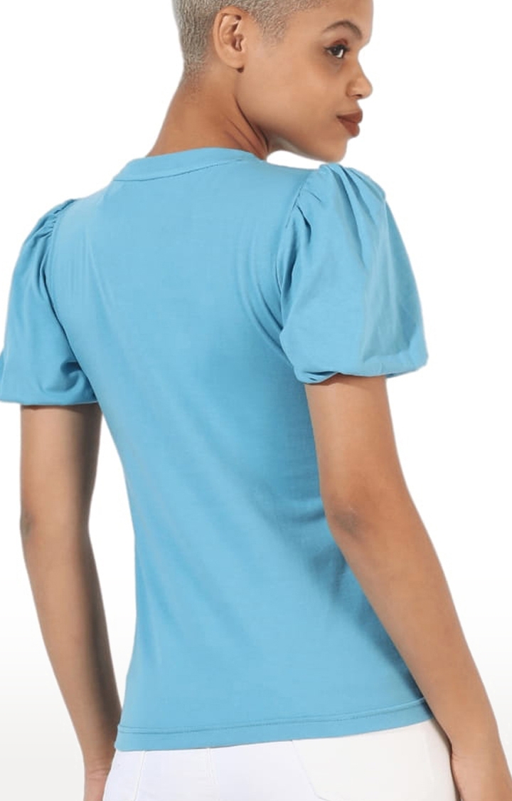 Women's Light Blue Cotton Typographic Printed Regular T-Shirt