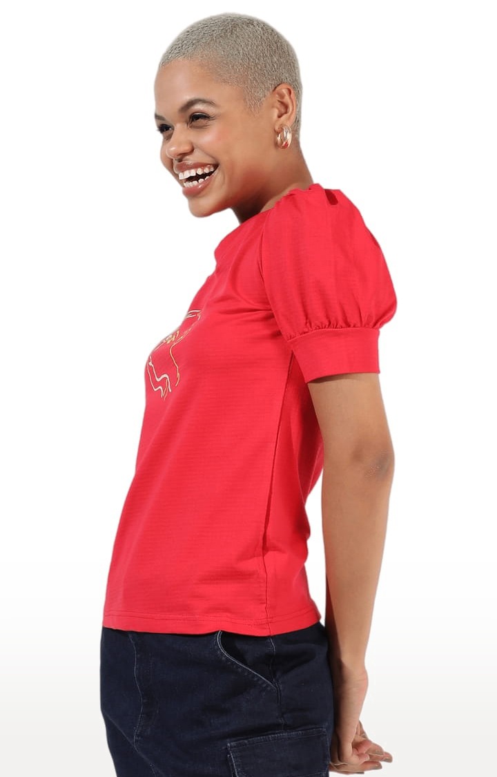 Women's Red Polyester Graphics Regular T-Shirts