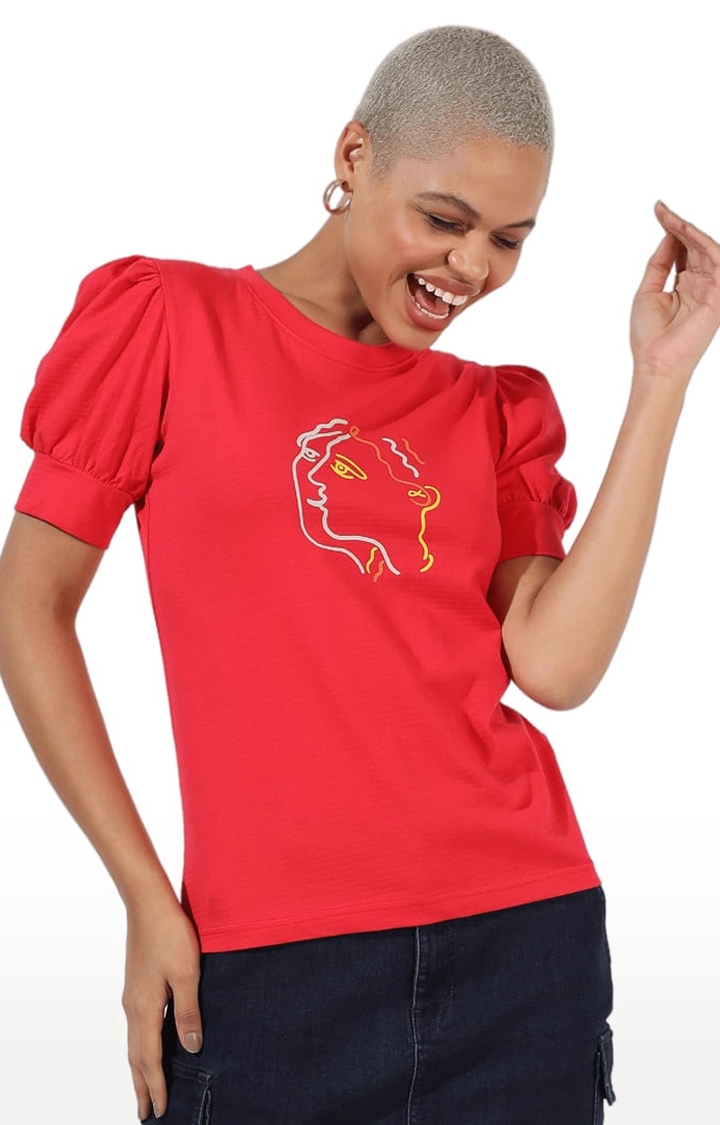 Women's Red Polyester Graphics Regular T-Shirts