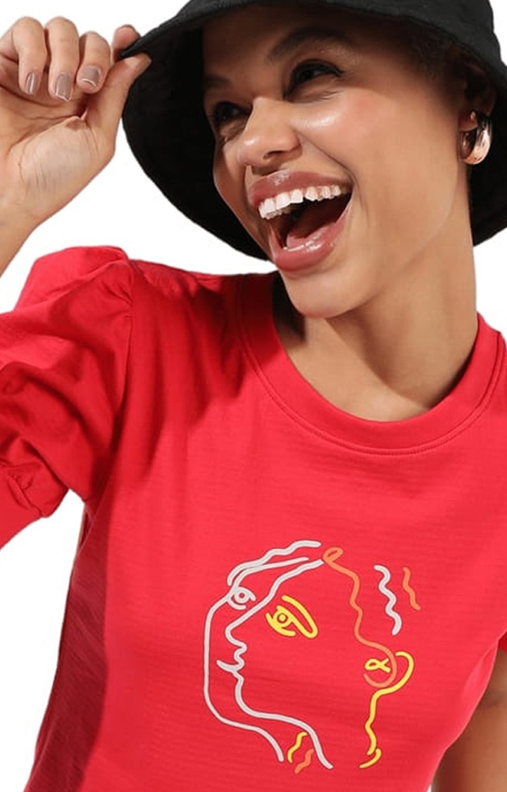 Women's Red Printed Regular T-Shirts