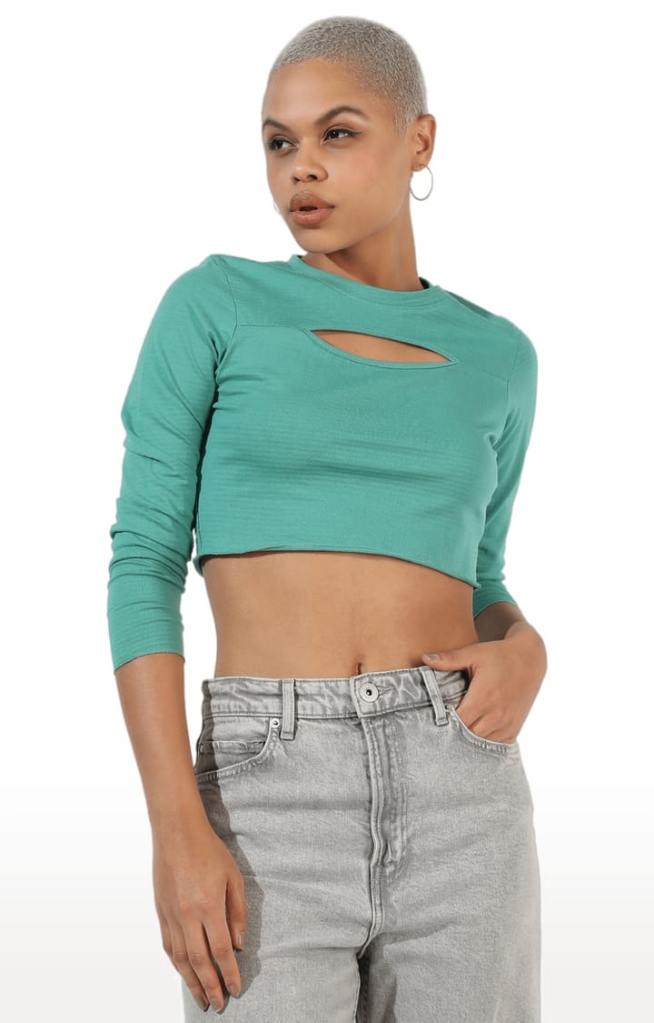 CAMPUS SUTRA | Women's Aqua Green Cotton Solid Crop Top