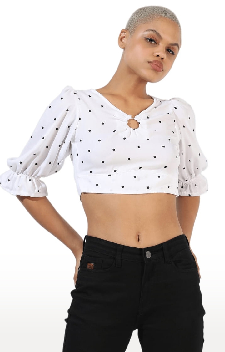 Women's White Polyester Polka Dots Crop Top
