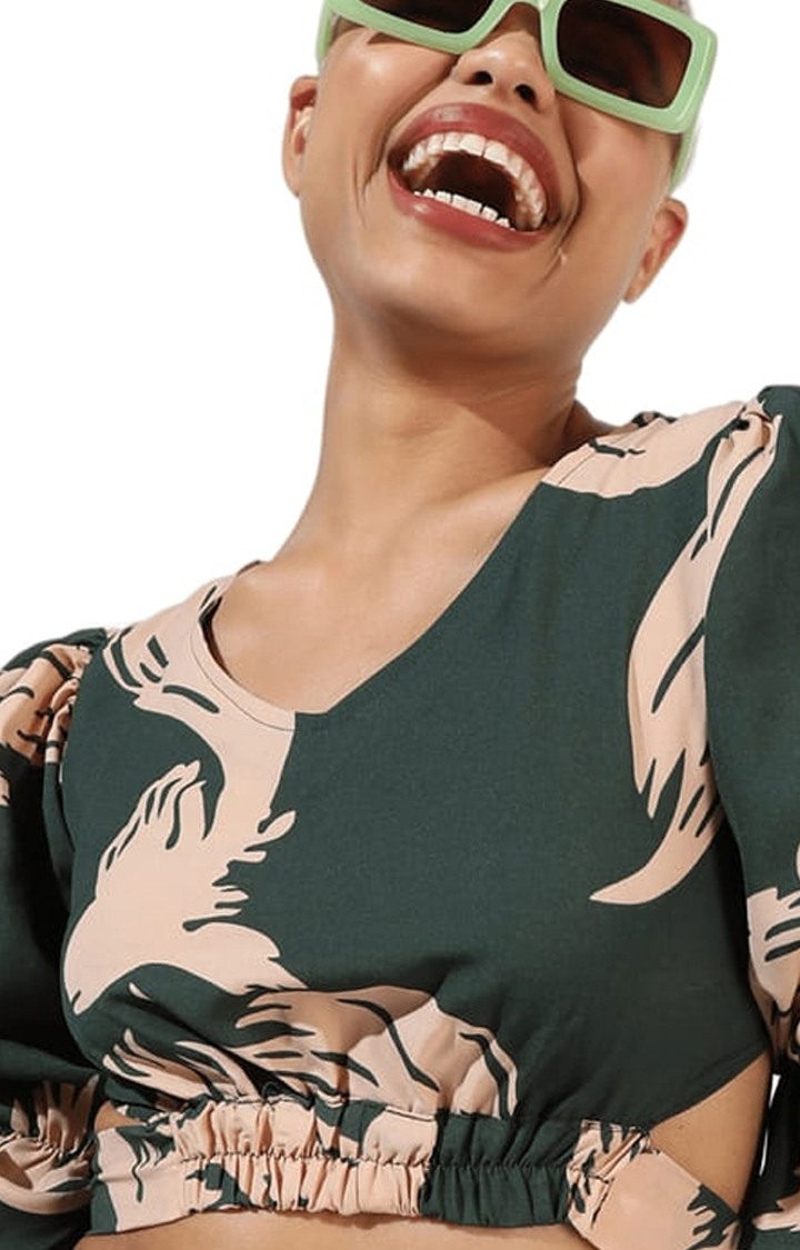Women's Green Printed Crop Top
