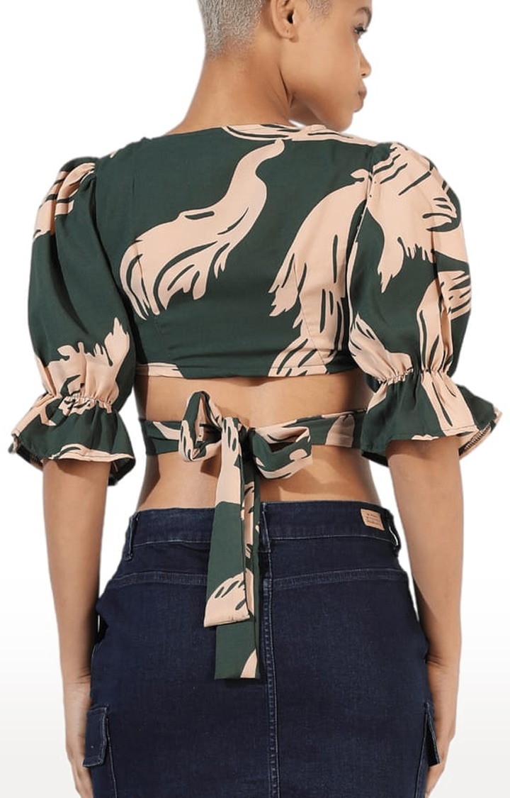 Women's Emerald Green Crepe Printed Crop Top