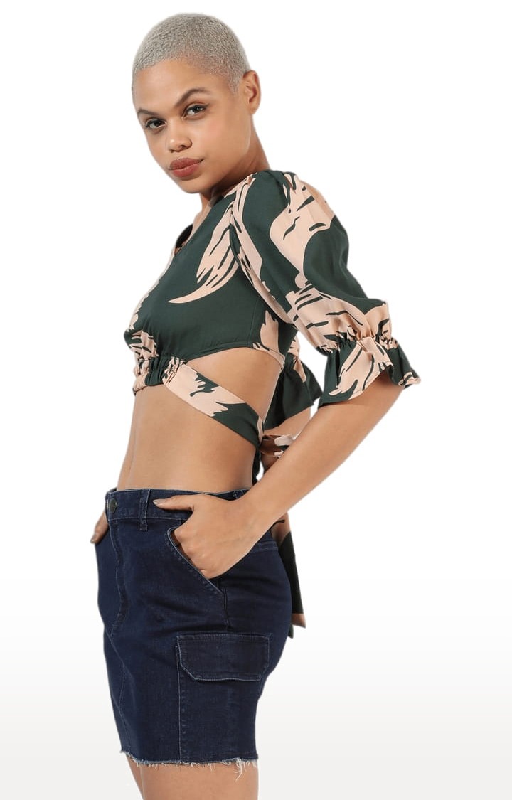 Women's Emerald Green Crepe Printed Crop Top